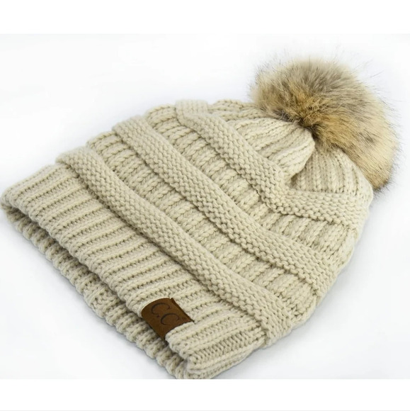 C.C Fuzzy Sherpa Fleece Lined Warm Soft Stretch Cable Knit Ribbed Beanie Beige - Picture 3 of 5